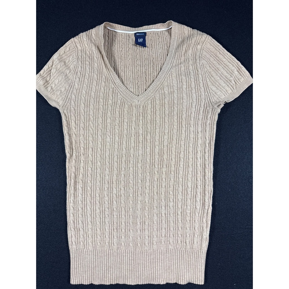 Gap Women Tan Beige Cable Knit V-Neck Short Sleeve Sweater Top Size M